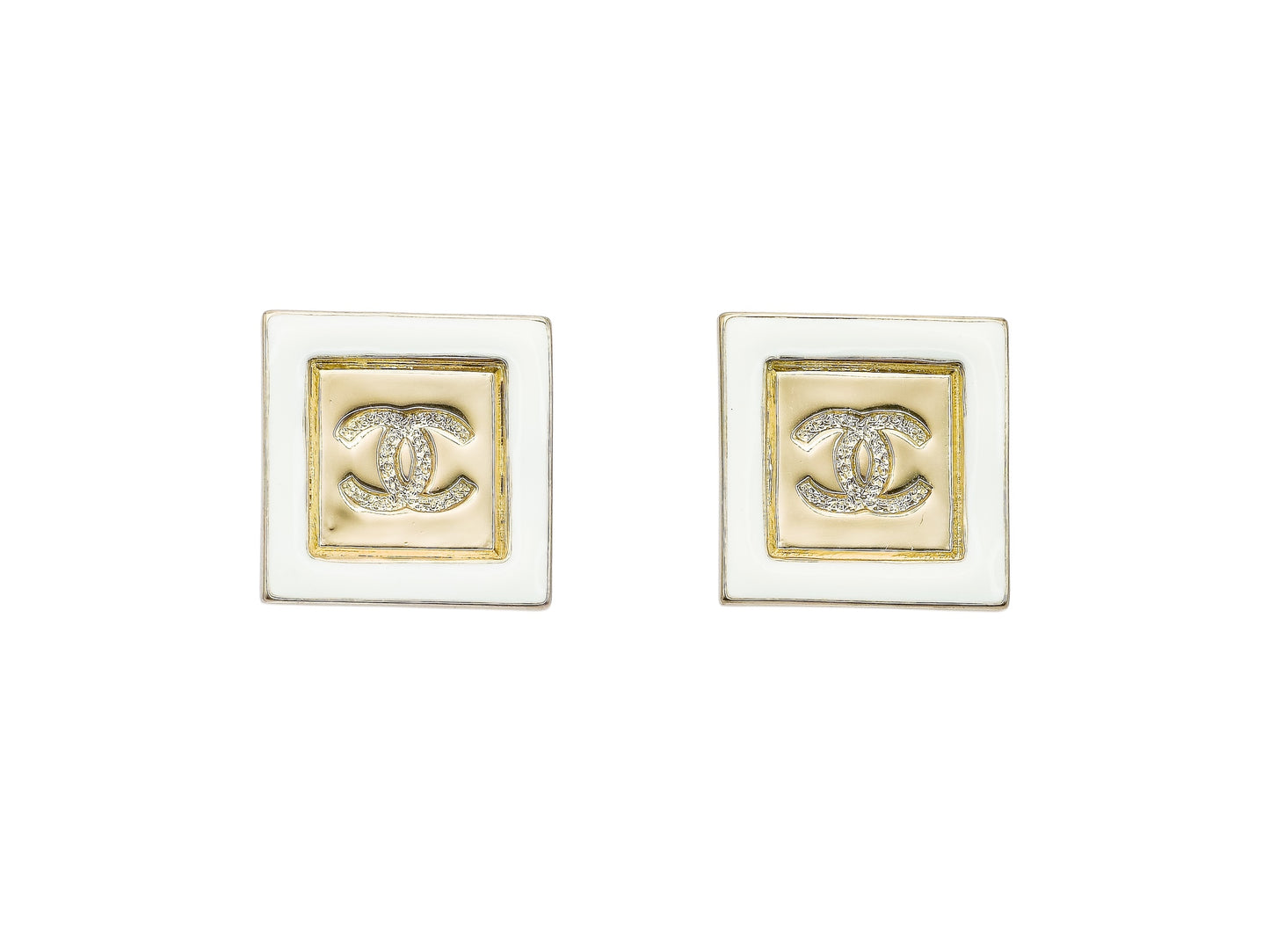 CHANEL Gold CC w/ White Enamel Square Pre-Owned Earrings 24 - My Mama Found What   My Mama Found What 