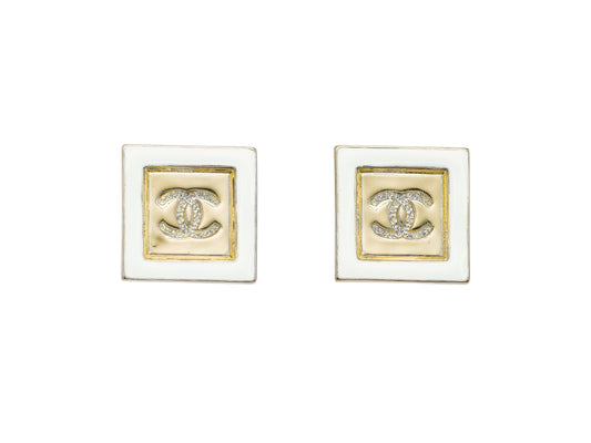 CHANEL Gold CC w/ White Enamel Square Pre-Owned Earrings 24 - My Mama Found What  