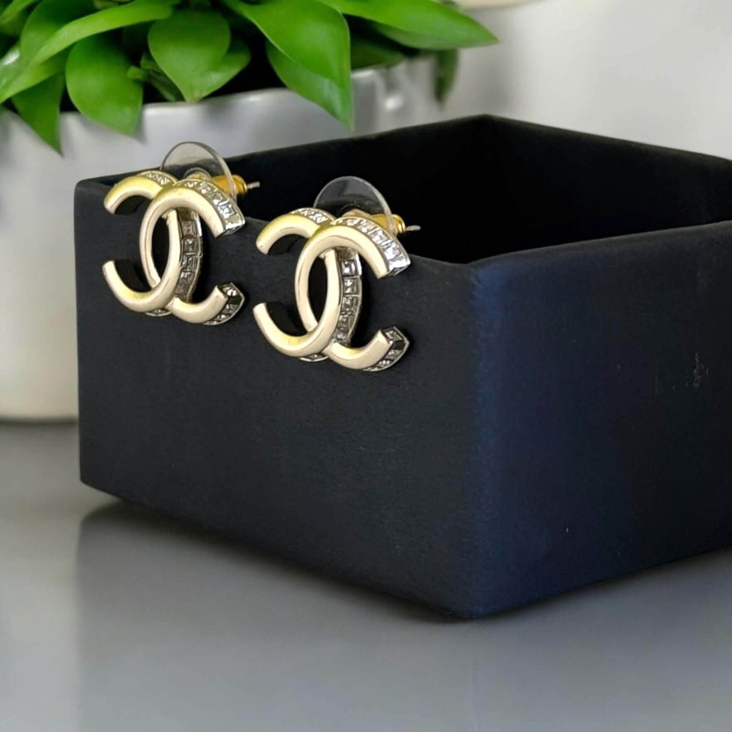 CHANEL Gold CC w/crystals accented on the edges Pre-Owned Earrings - My Mama Found What  My Mama Found What 