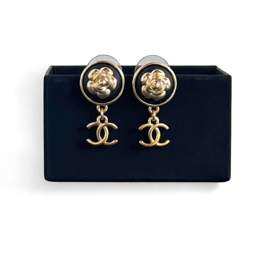 CHANEL Gold Camilla Floral CC Dangle Earrings with black leather 