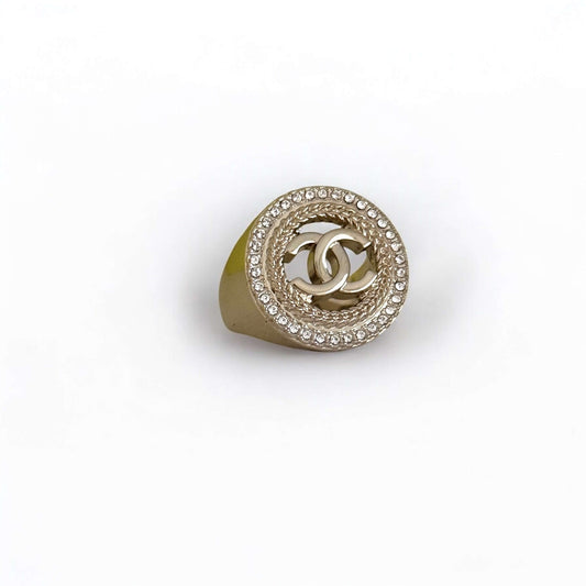CHANEL Gold CC with crystals gold chain authentic Ring 