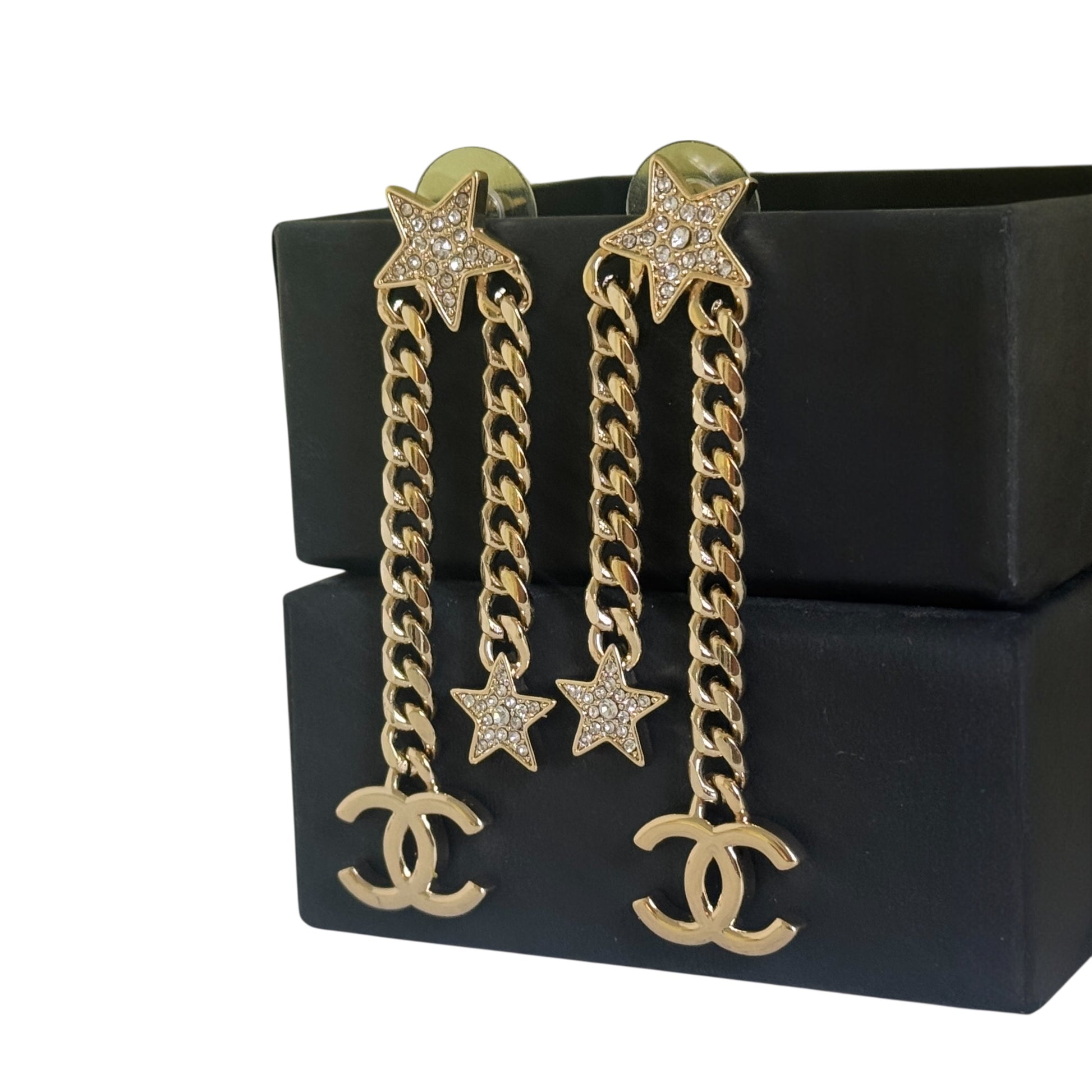 CHANEL Star Gold Crystal Chain Dangle Authentic Pre-Owned Earrings - My Mama Found What  