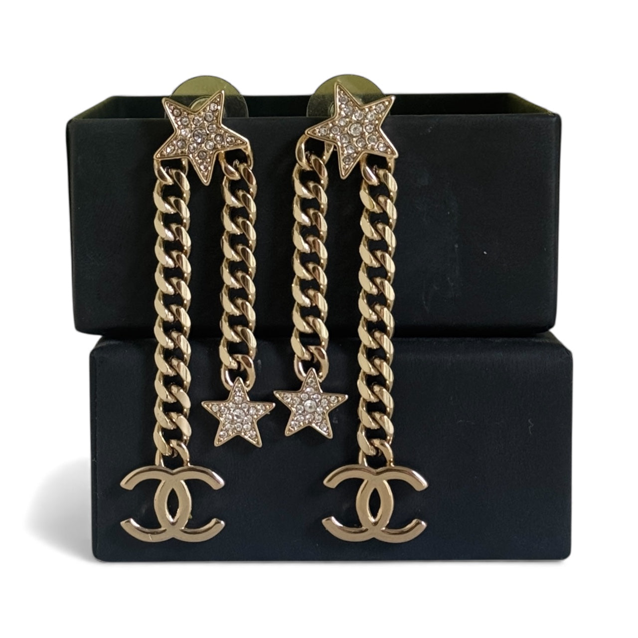 CHANEL Star Gold Crystal Chain Dangle Authentic Pre-Owned Earrings - My Mama Found What   My Mama Found What 