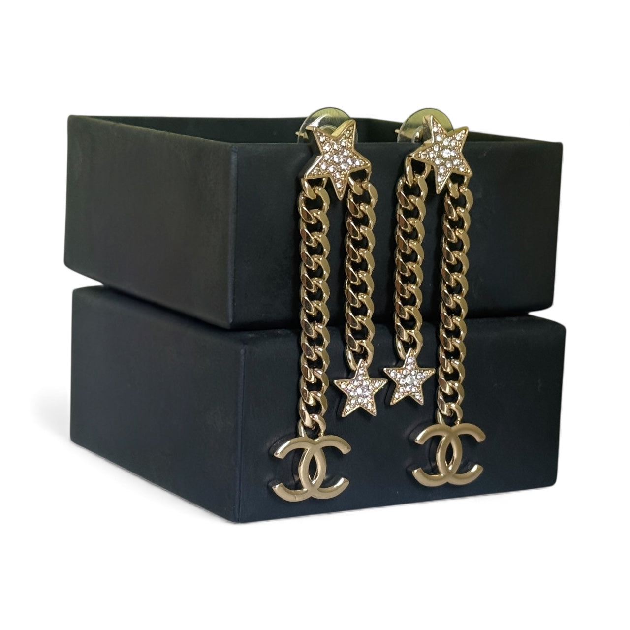 CHANEL Star Gold Crystal Chain Dangle Authentic Pre-Owned Earrings - My Mama Found What   My Mama Found What 