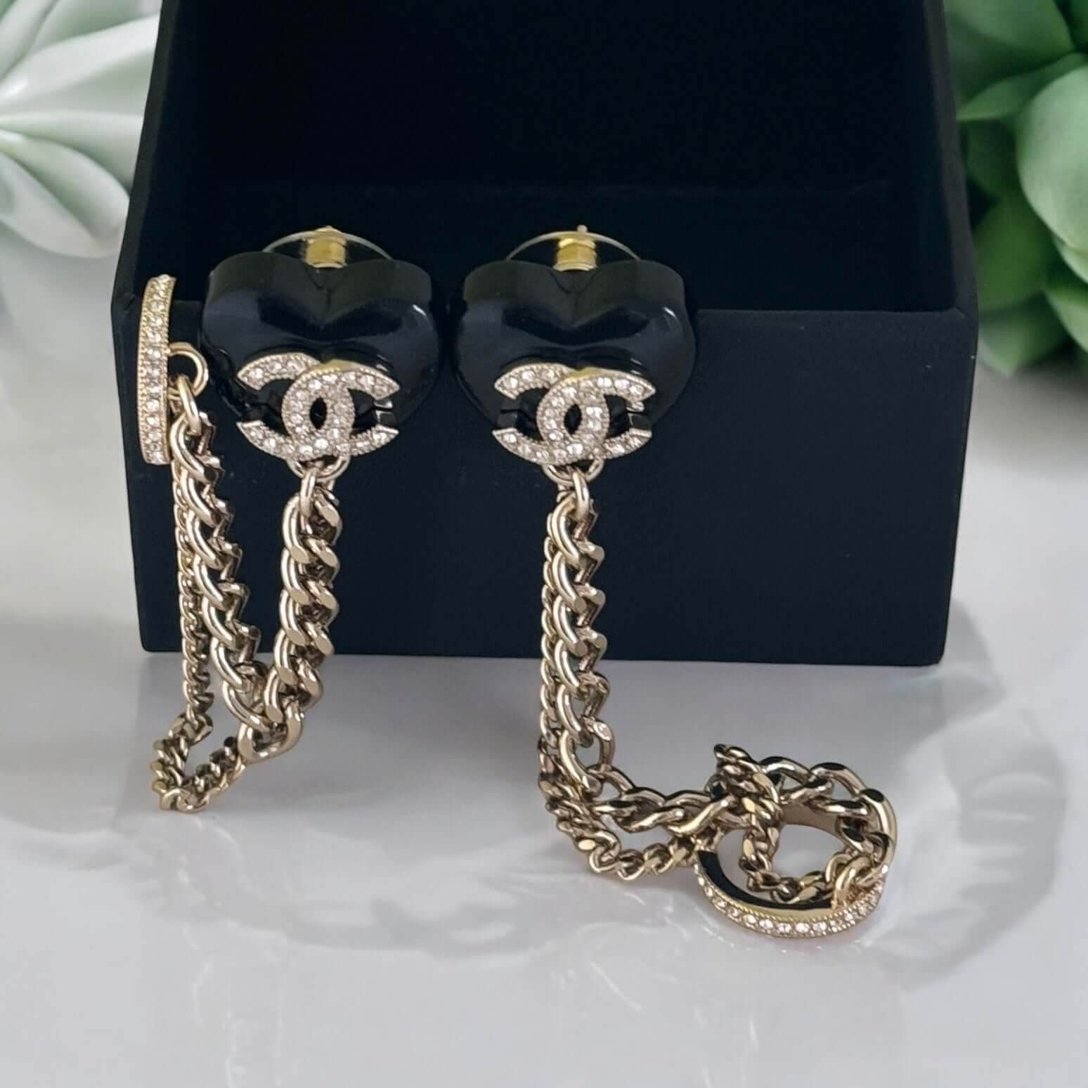 Chanel CC Gold & Black Chain Heart Earrings w/ attached Ear Cuff - My Mama Found What 