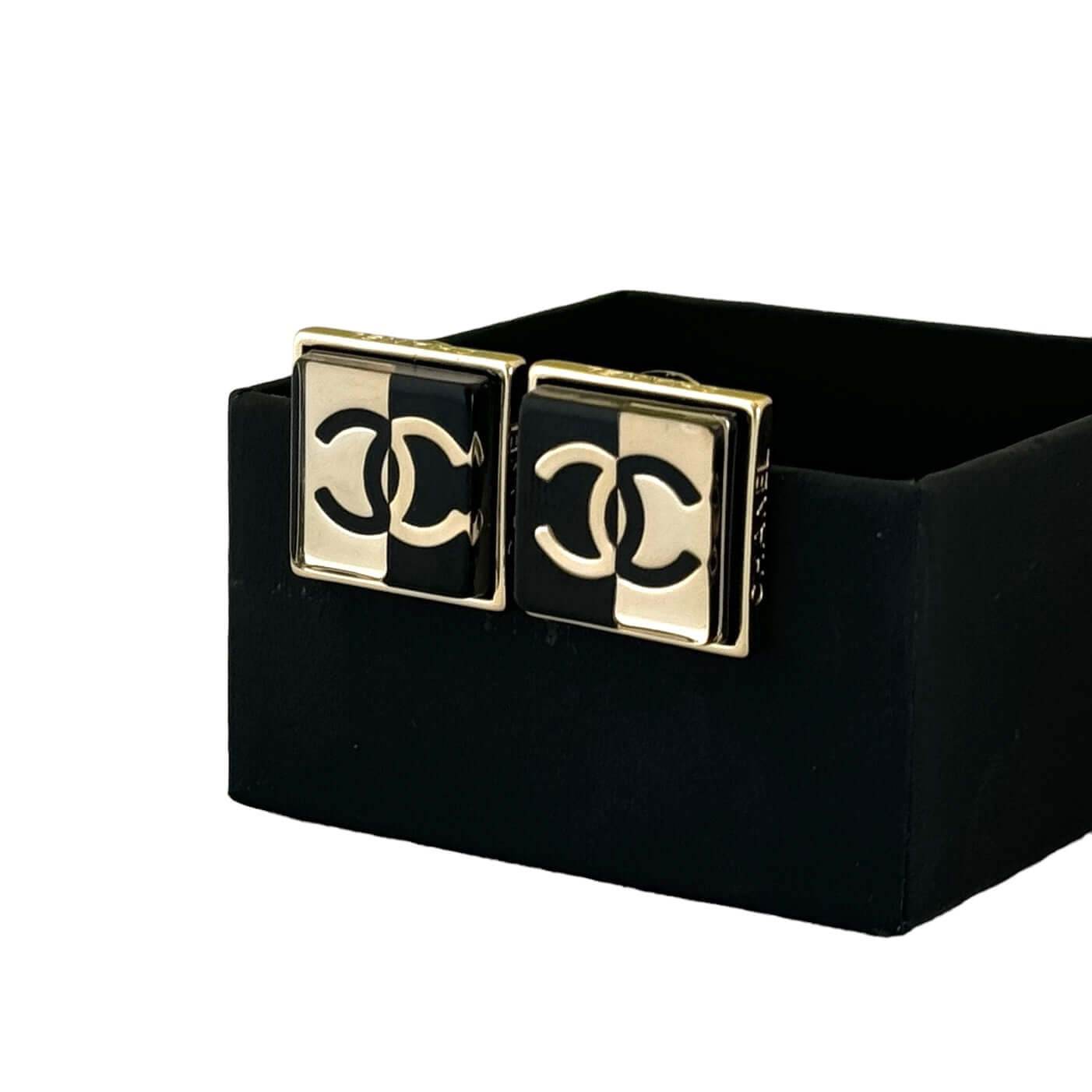 Chanel CC Gold/Black Square Post Earrings - My Mama Found What 