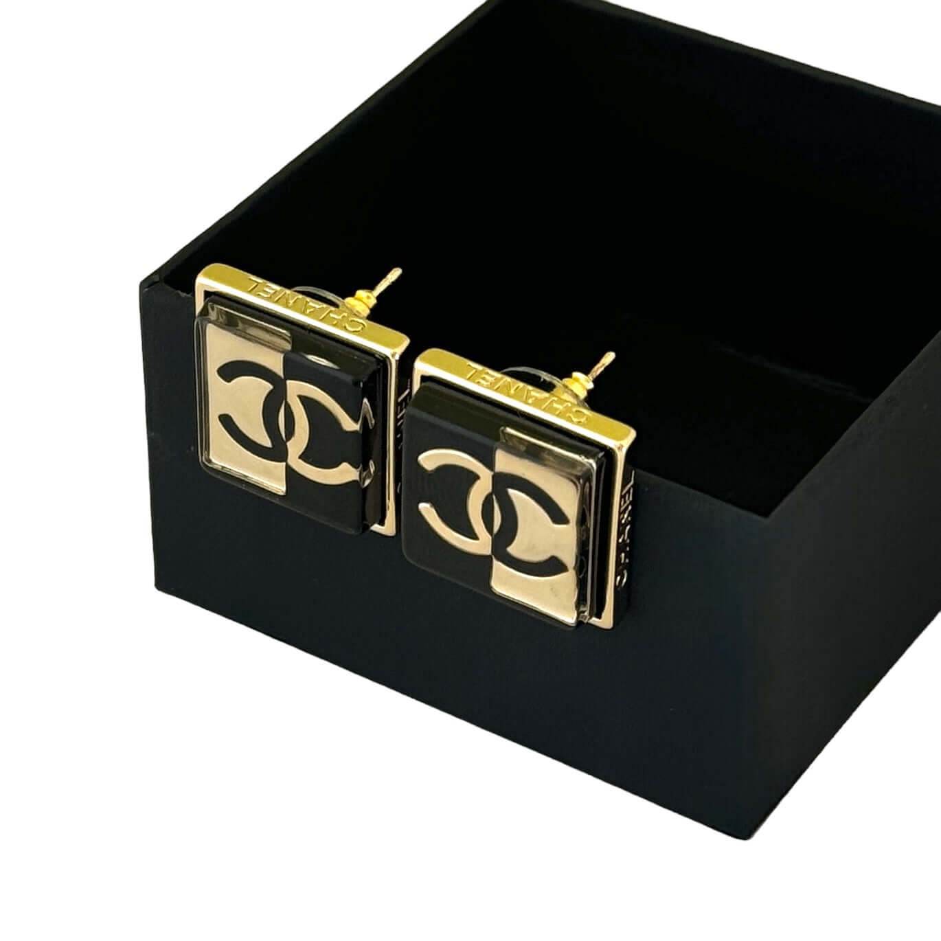 Chanel CC Gold/Black Square Post Earrings - My Mama Found What 