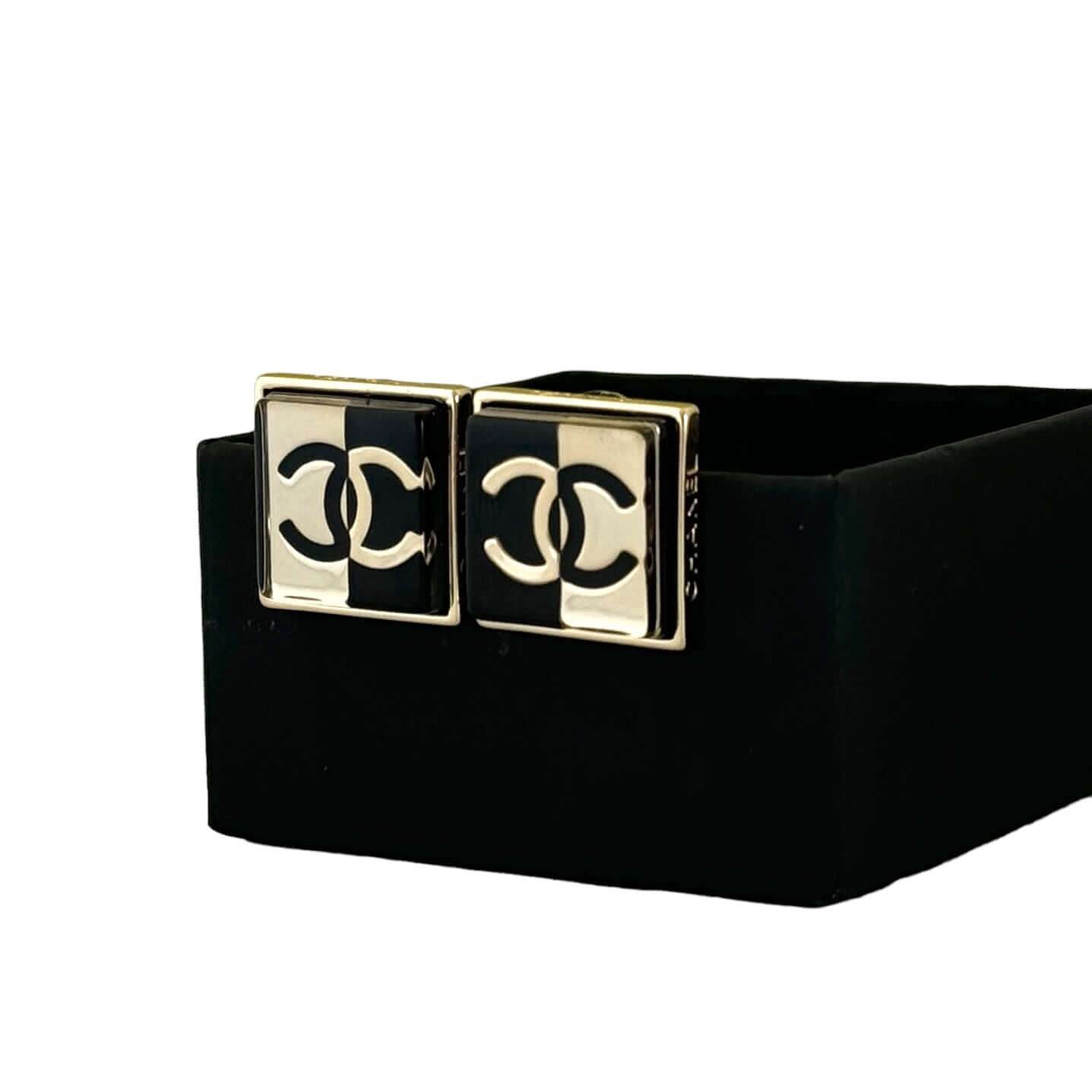 Chanel CC Gold/Black Square Post Earrings - My Mama Found What  My Mama Found What 