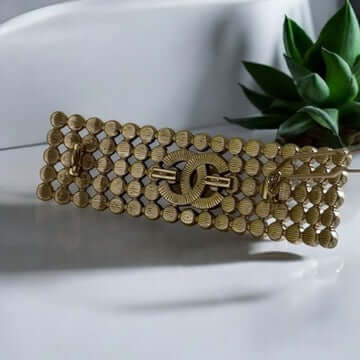 Chanel CC Gold Crystals Barette with clear crystals, pre-owned and authentic, elevates your style with luxury. View details for purchase. My Mama Found What 