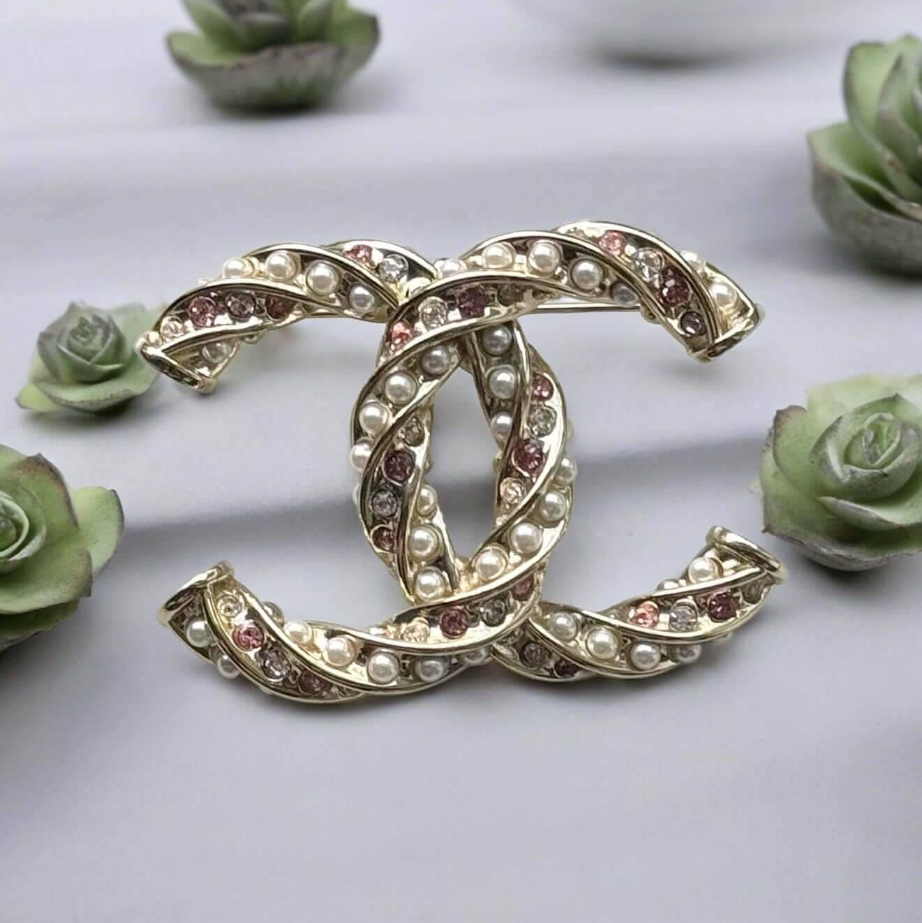 Chanel CC Lighter Gold w/ Pink & Clear Crystals Brooch - My Mama Found What  My Mama Found What 