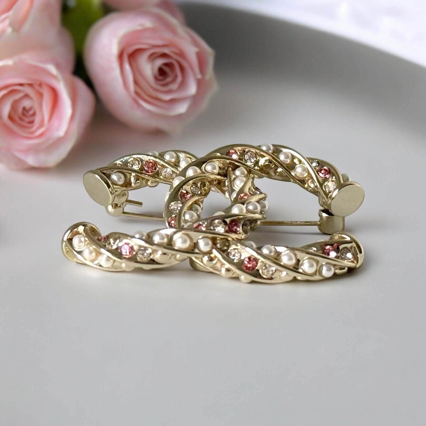 Chanel CC Lighter Gold w/ Pink & Clear Crystals Brooch - My Mama Found What  My Mama Found What 