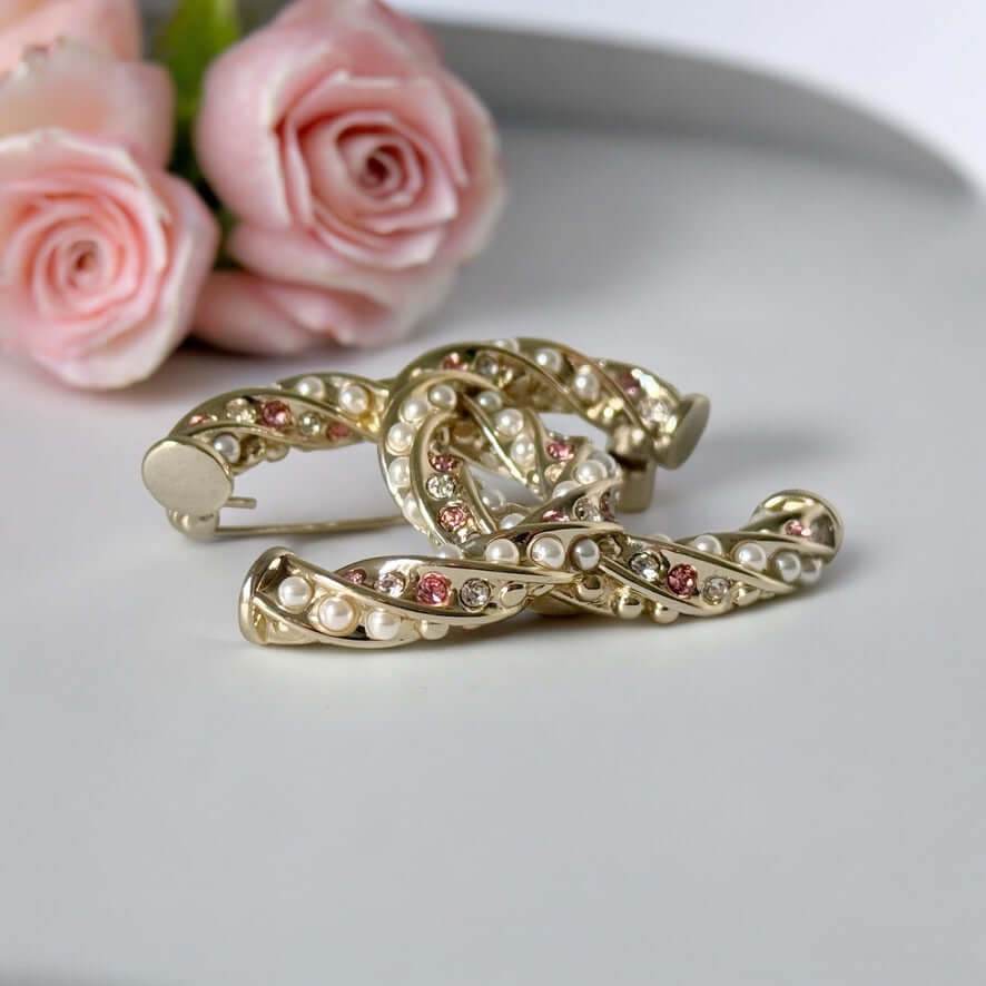 Chanel CC Lighter Gold w/ Pink & Clear Crystals Brooch - My Mama Found What 