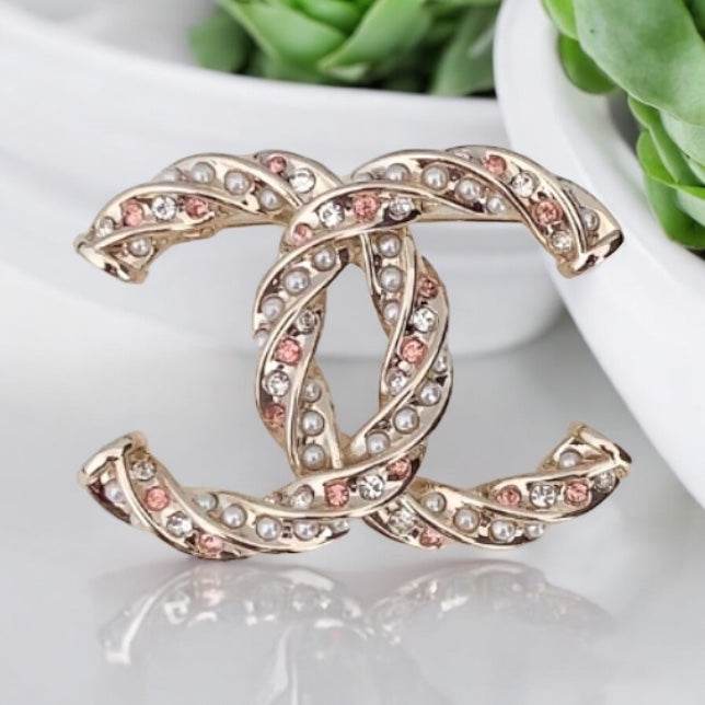 Chanel CC Lighter Gold w/ Pink & Clear Crystals Brooch - My Mama Found What  My Mama Found What 