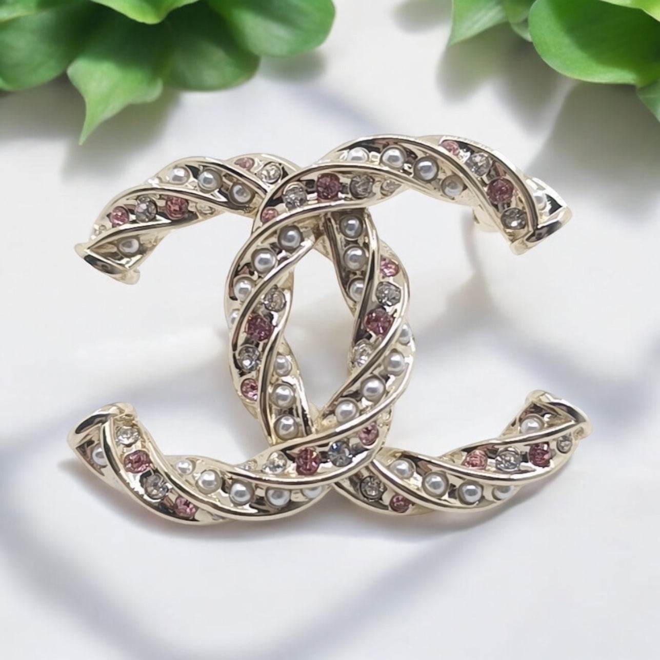 Chanel CC Lighter Gold w/ Pink & Clear Crystals Brooch - My Mama Found What 