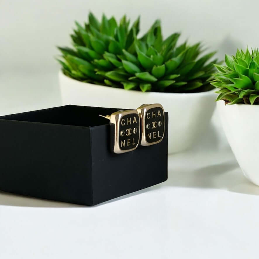 Chanel Gold Black Rounded Square Earrings Pre-Owned - My Mama Found What   My Mama Found What 