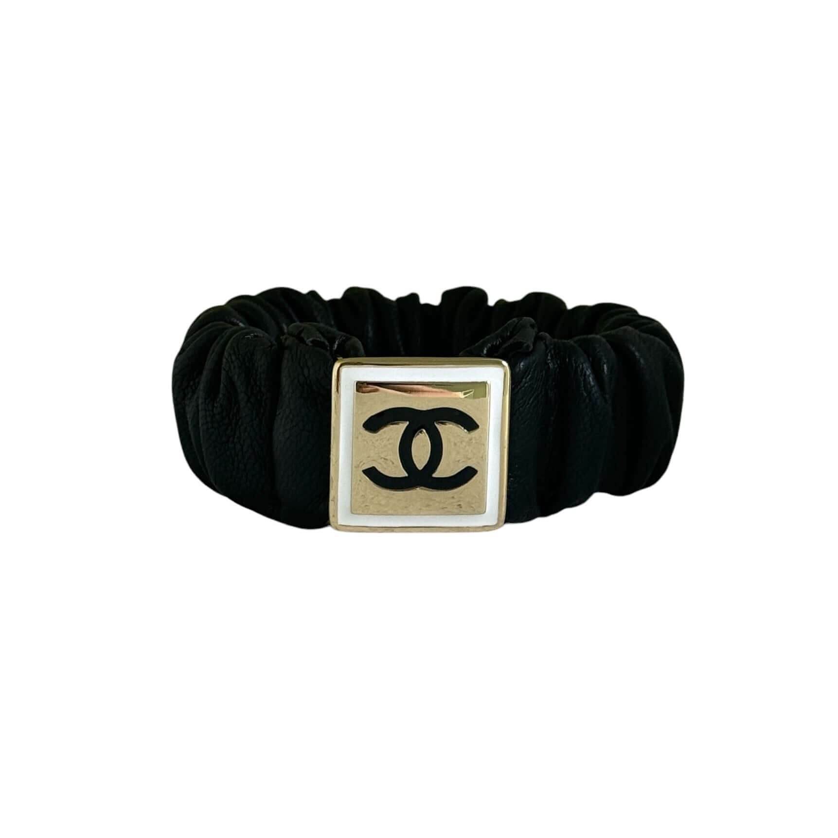 Chanel Gold CC Black Leather Scrunchie - My Mama Found What 