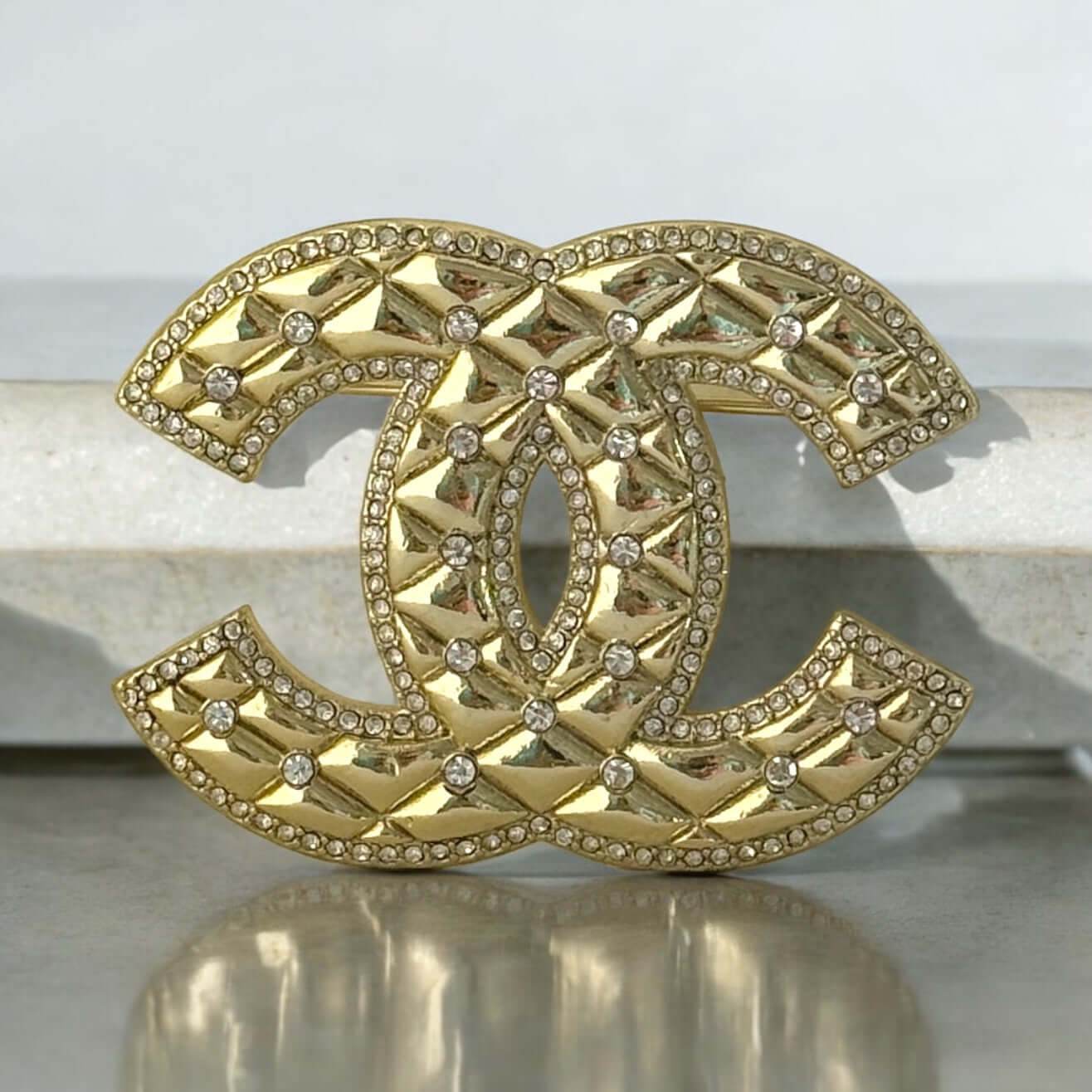 Chanel Gold CC Quilted W/ Crystals Brooch Pin Pre-Owned - My Mama Found What 