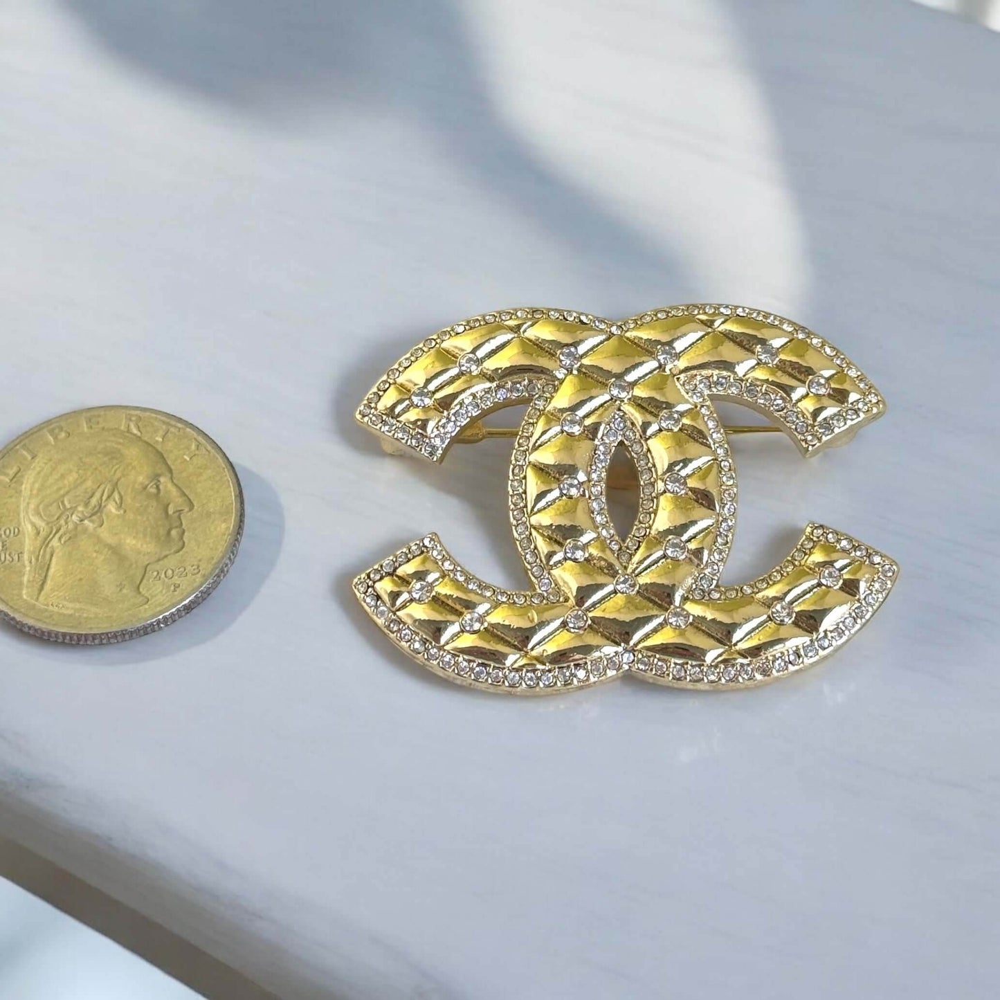 Chanel Gold CC Quilted W/ Crystals Brooch Pin Pre-Owned - My Mama Found What  My Mama Found What 