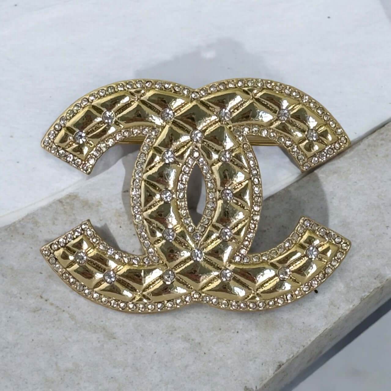 Chanel Gold CC Quilted W/ Crystals Brooch Pin Pre-Owned - My Mama Found What 