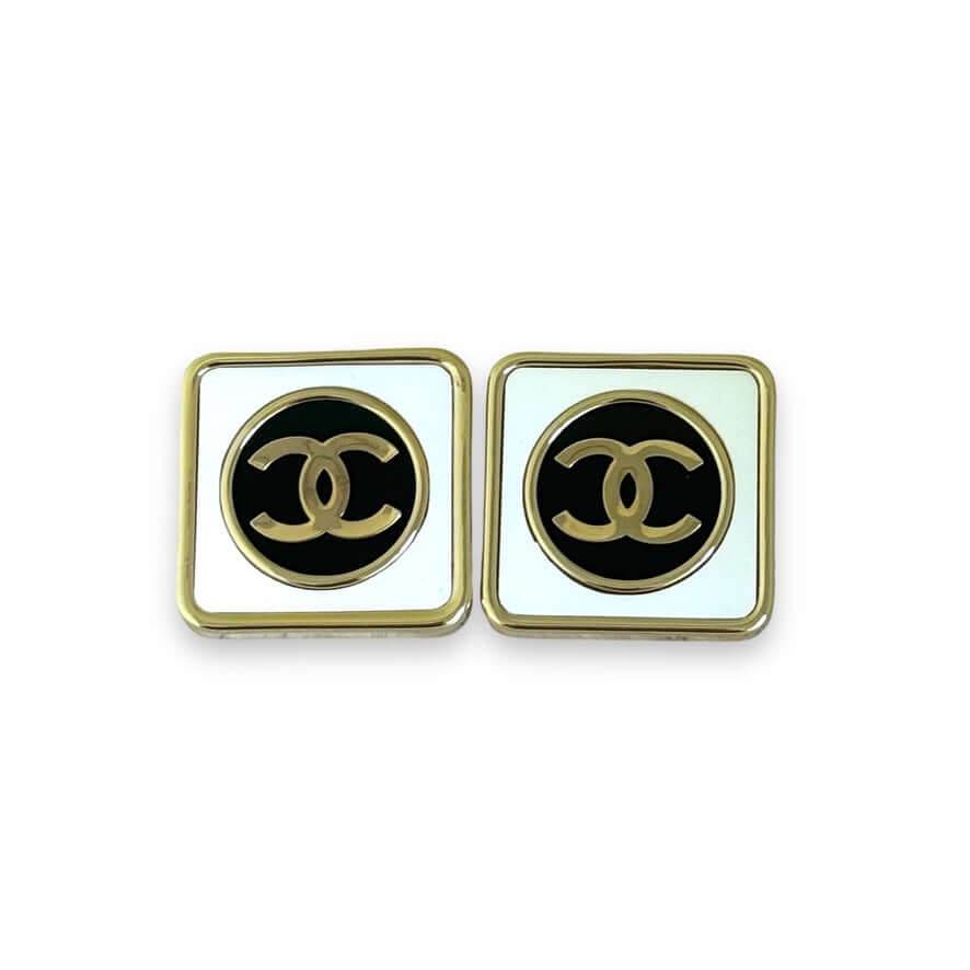 Chanel Gold CC Square White & Black Authentic Pre-Owned Like New 24 Earrings - My Mama Found What 