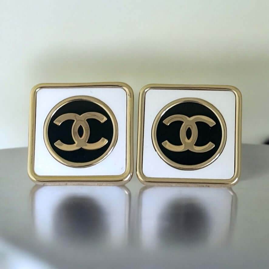 Chanel Gold CC Square White & Black Authentic Pre-Owned Like New 24 Earrings - My Mama Found What 