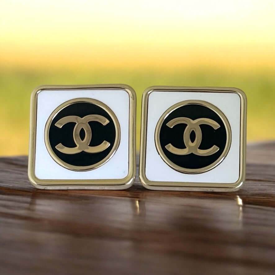 Chanel Gold CC Square White & Black Authentic Pre-Owned Like New 24 Earrings - My Mama Found What 