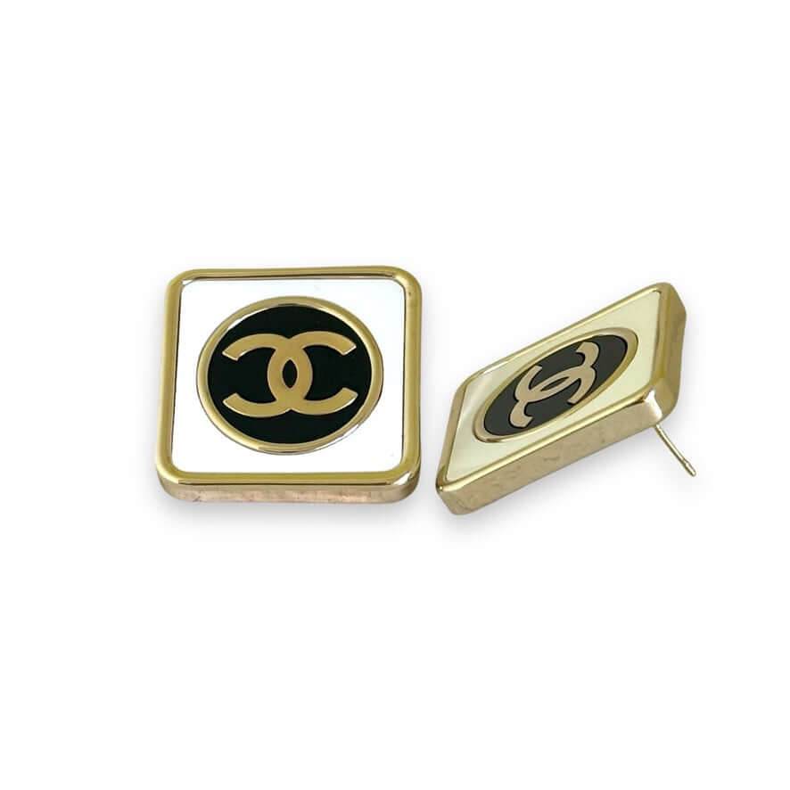 Chanel Gold CC Square White & Black Authentic Pre-Owned Like New 24 Earrings - My Mama Found What 