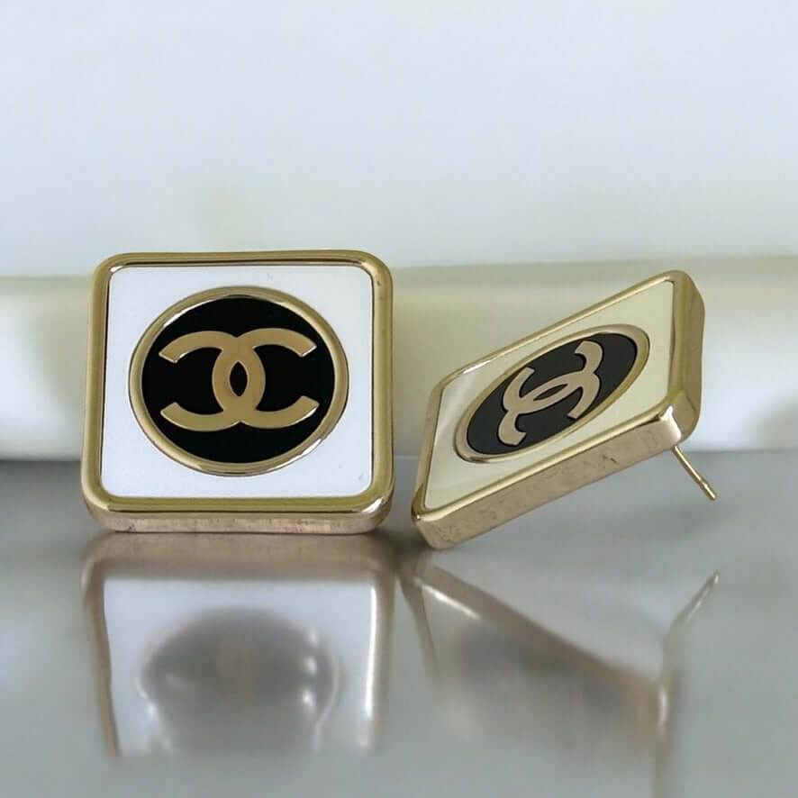 Chanel Gold CC Square White & Black Authentic Pre-Owned Like New 24 Earrings - My Mama Found What 