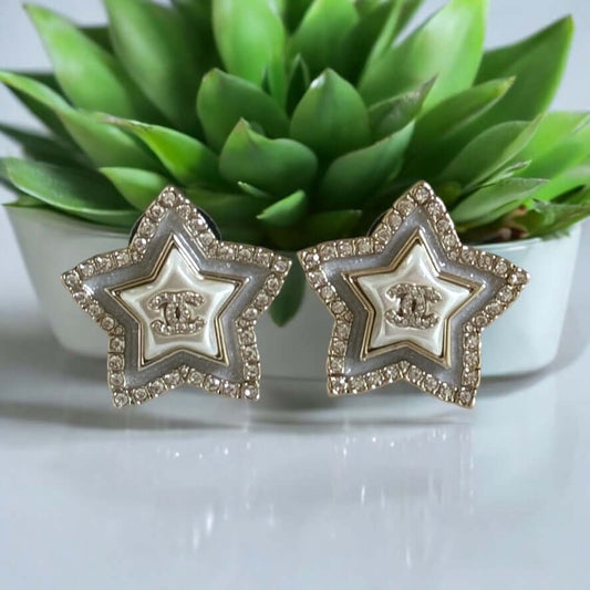 Chanel Lighter Gold CC Star w/ silver/blue enamel & crystals Earrings Pre-Owned Like NEW - My Mama Found What  