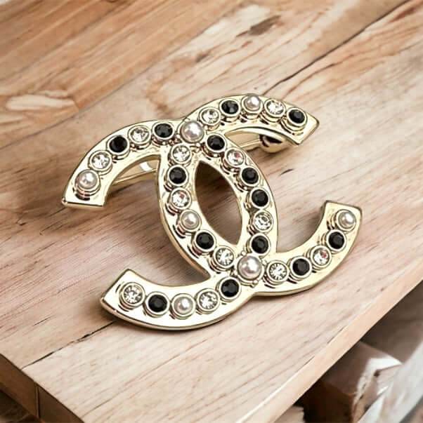 Chanel Gold CC w/ Black White Brooch Pre-Owned - My Mama Found What 