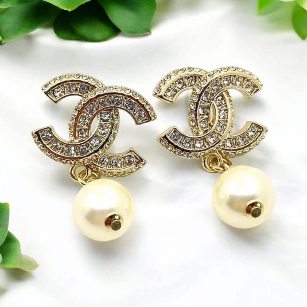 Chanel Gold CC w/ Crystals Dangle Pearl Earring Pre-Owned - My Mama Found What 