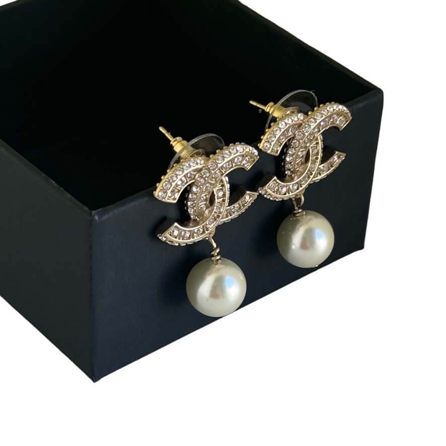 Chanel Gold CC w/ Crystals Dangle Pearl Earring Pre-Owned - My Mama Found What 