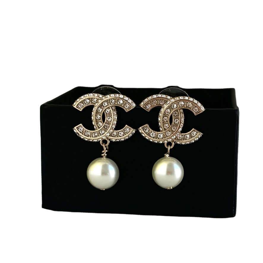 Chanel Gold CC w/ Crystals Dangle Pearl Earring Pre-Owned - My Mama Found What 