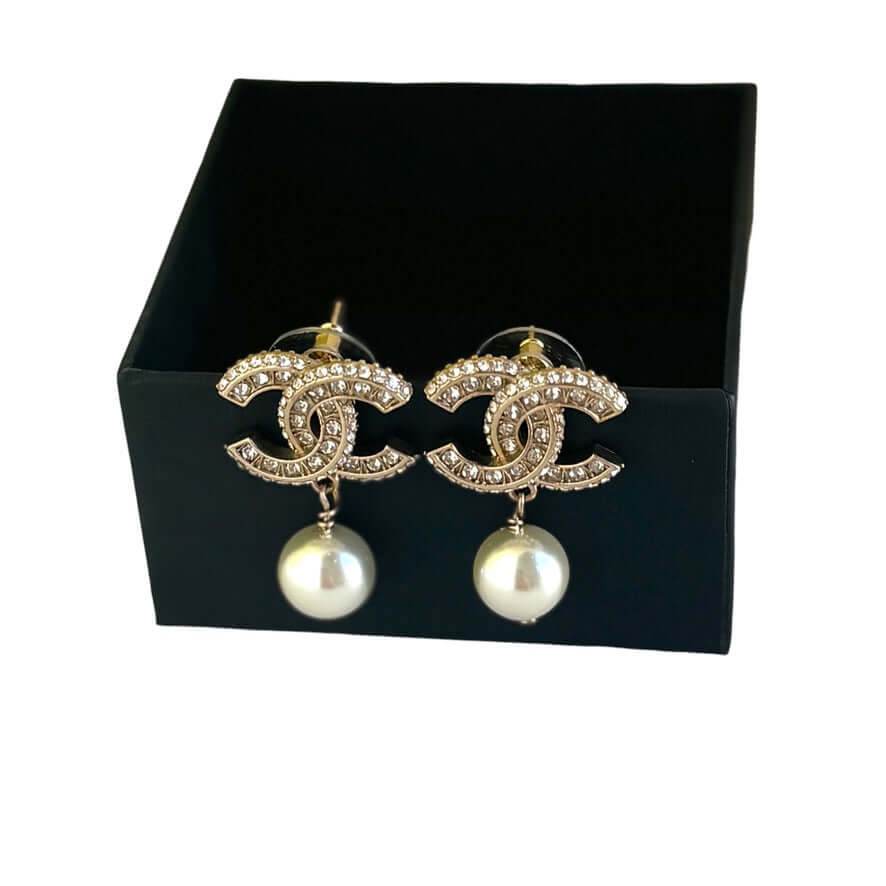 Chanel Gold CC w/ Crystals Dangle Pearl Earring Pre-Owned - My Mama Found What  My Mama Found What 