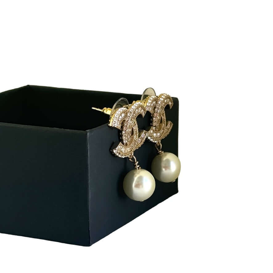 Chanel Gold CC w/ Crystals Dangle Pearl Earring Pre-Owned - My Mama Found What   My Mama Found What 