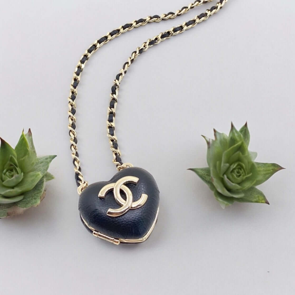 Chanel Gold Chain weaved with Black Leather Black Leather Heart Pendant Necklace - My Mama Found What  