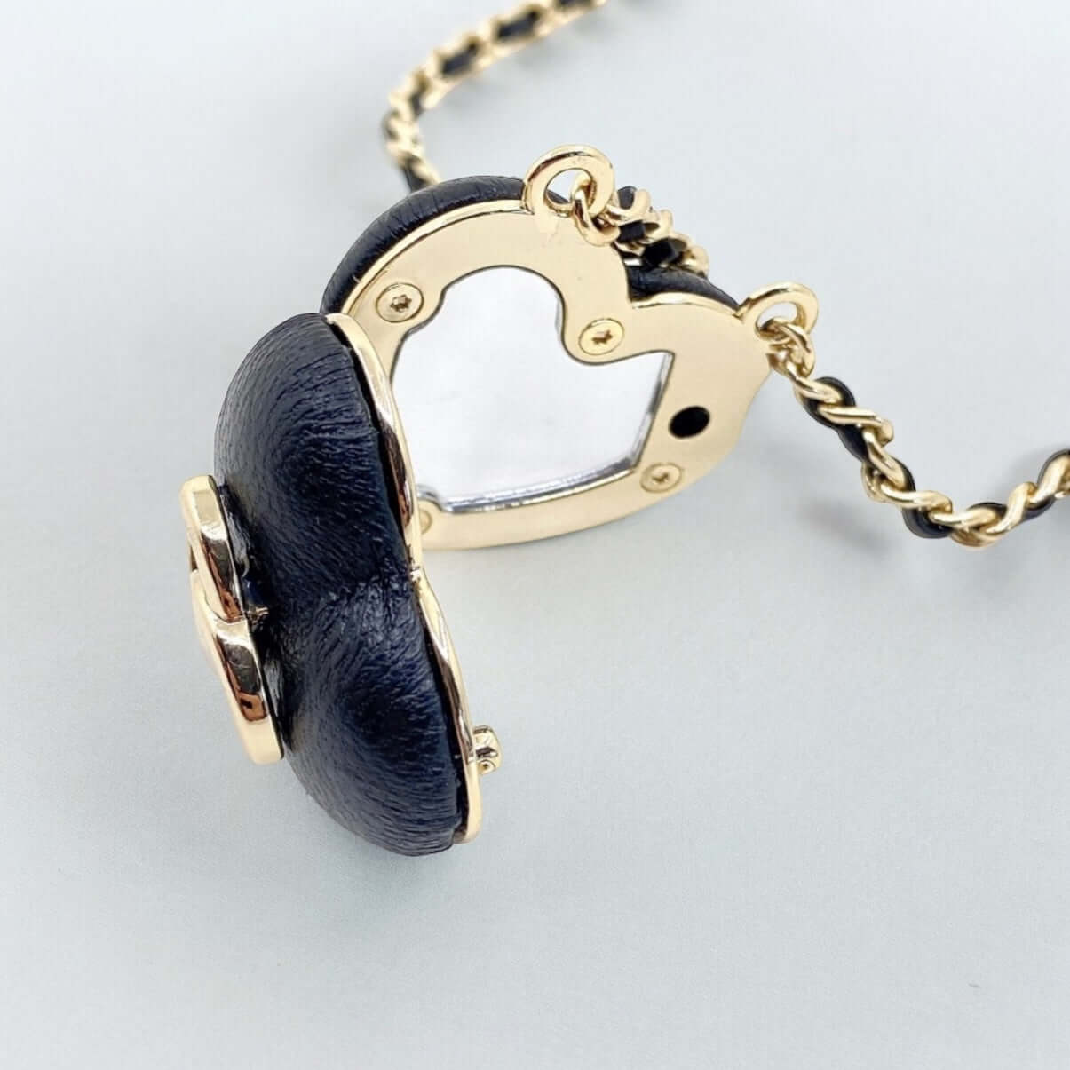 Chanel Gold Chain weaved with Black Leather Black Leather Heart Pendant Necklace - My Mama Found What   My Mama Found What 