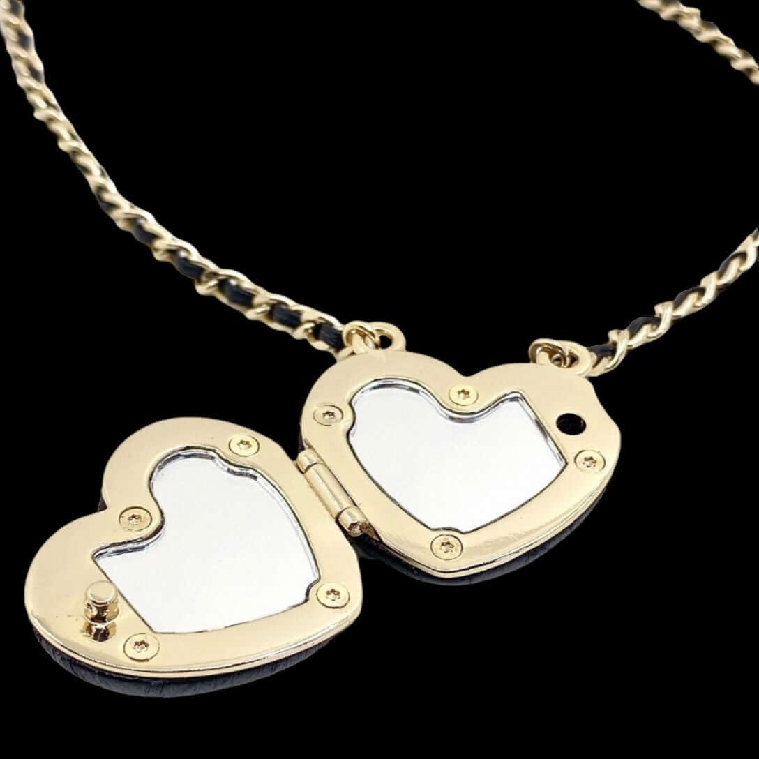 Chanel Gold Chain weaved with Black Leather Black Leather Heart Pendant Necklace - My Mama Found What  