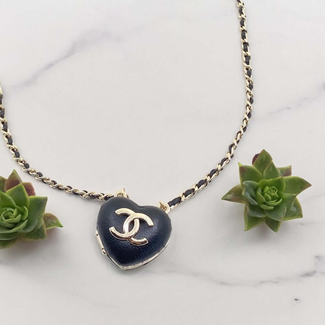 Chanel Gold Chain weaved with Black Leather Black Leather Heart Pendant Necklace - My Mama Found What   My Mama Found What 
