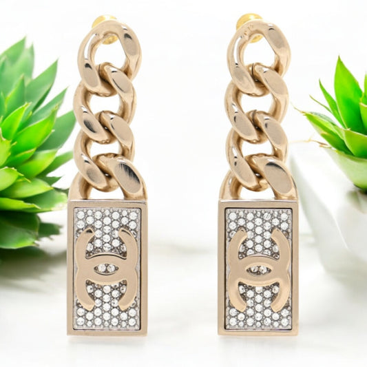 Chanel Gold Dog Tag crystals Dangle Earrings - My Mama Found What   My Mama Found What 