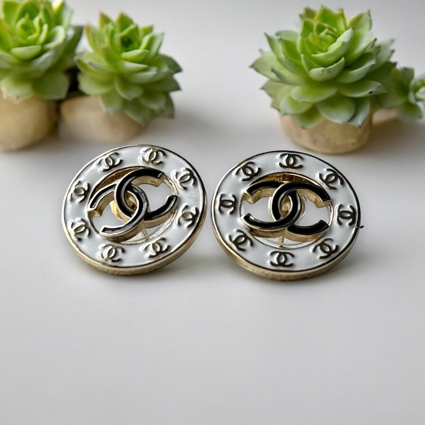 Chanel Gold , Strass & Enamel Double C Cut Out Round Post EarringsGorgeous In Like NEW condition Pre-owned free from dings , major signs of wear or scratches . Chanel Gold , Strass & Enamel Double C Cut Out Round Post Earrings Comes with the Chanel Gift B