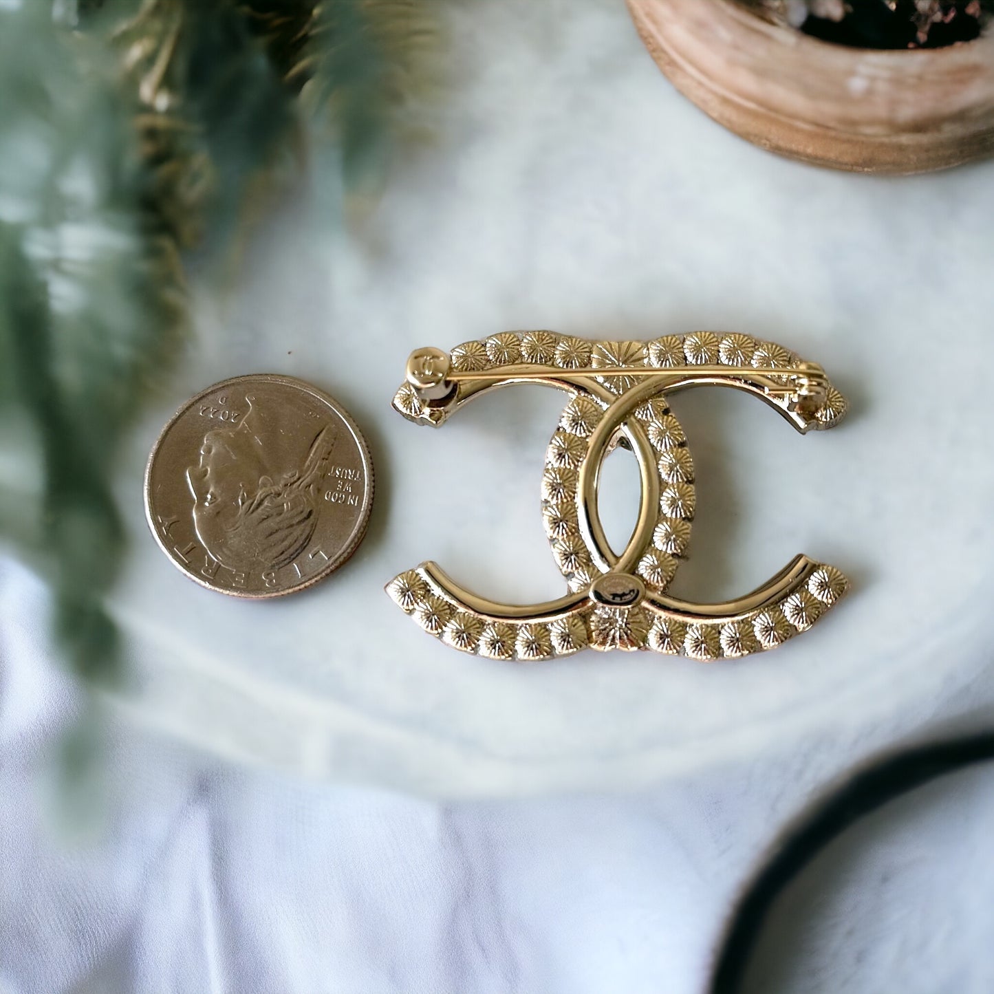 Chanel Paler Gold Double C Pearls Crystals Dressy BroochRare Style Like New Gorgeous Chanel Paler Gold Double C Pearls & Crystals Has a heart like shaped crystal in the center of both top and bottom . Faux Pearls Clear Crystals Strass Gold Plated Comes wi My Mama Found What 