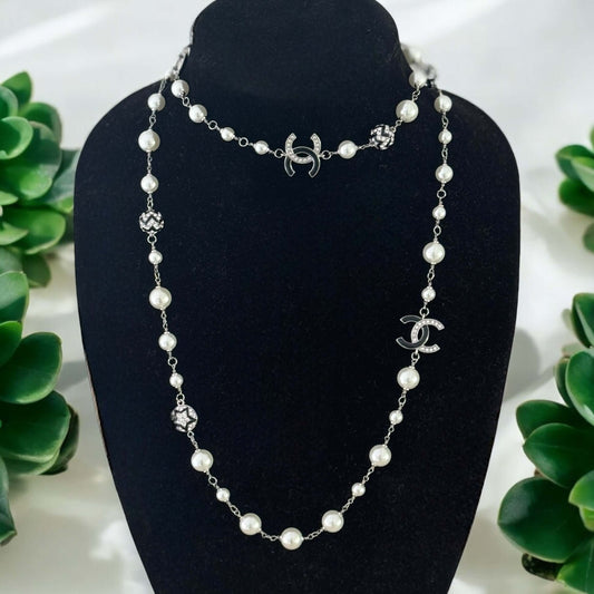 Chanel Silver Black Pearls Chain Link Sweater Necklace - My Mama Found What   My Mama Found What 