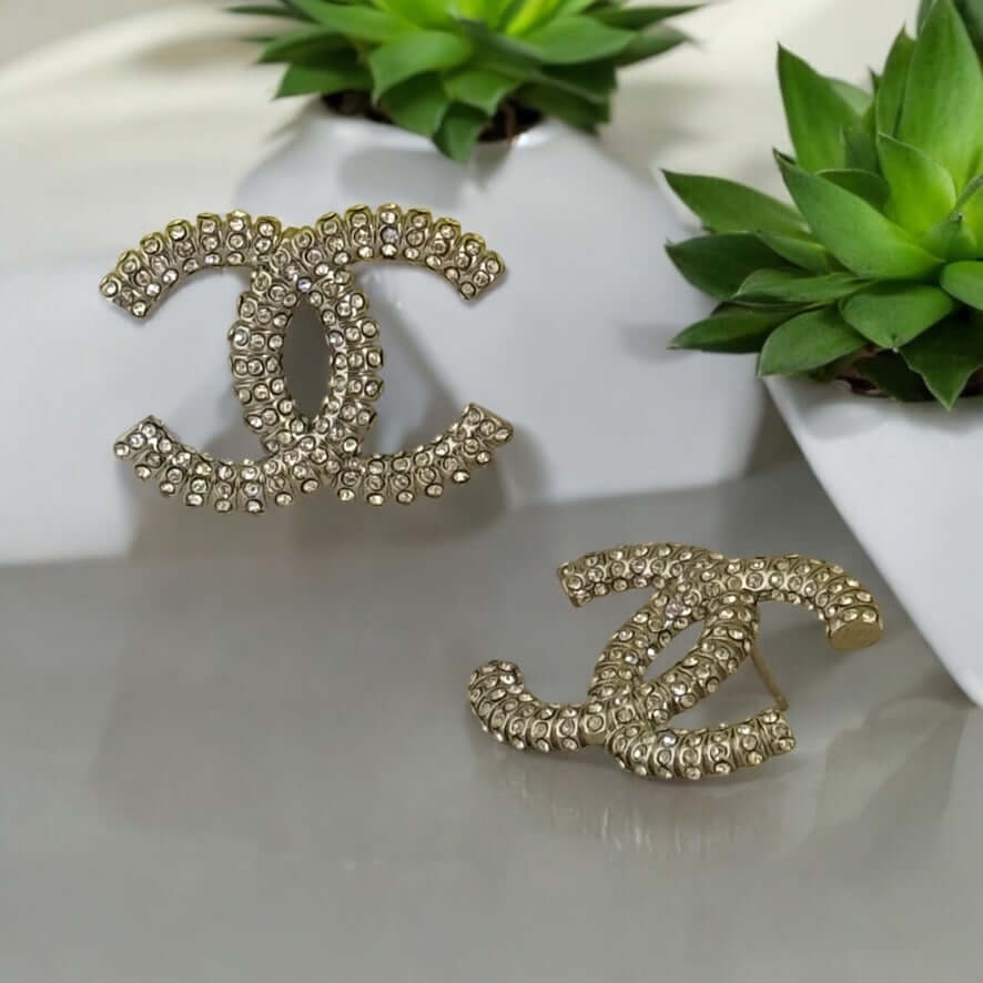 Chanel Silver CC Big Earrings encrusted with crystals, pre-owned, statement piece, authentic and like new condition.