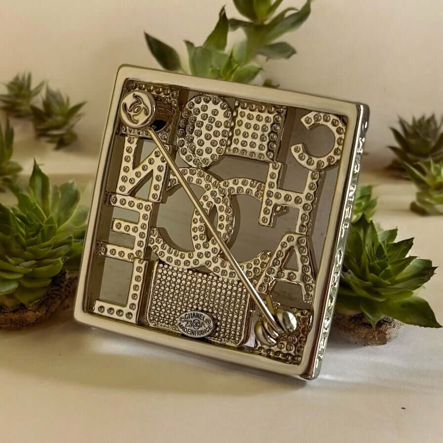 Chanel Strass CC cut out Square Brooch Hard to Find Pin - My Mama Found What   My Mama Found What 