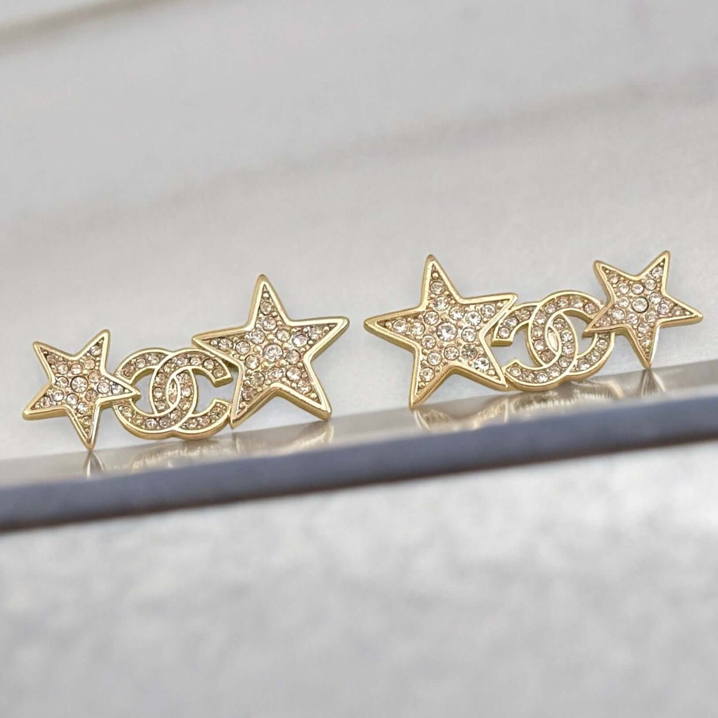 Chanel Stunning Star w/ CC Lighter Gold w/ Crystals Post Earrings Pre-Owned - My Mama Found What   My Mama Found What 