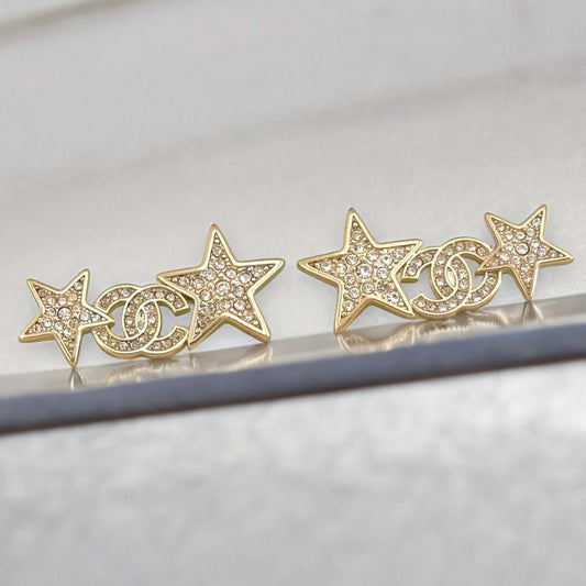 Chanel Stunning Star w/ CC Lighter Gold w/ Crystals Post Earrings Pre-Owned - My Mama Found What   My Mama Found What 
