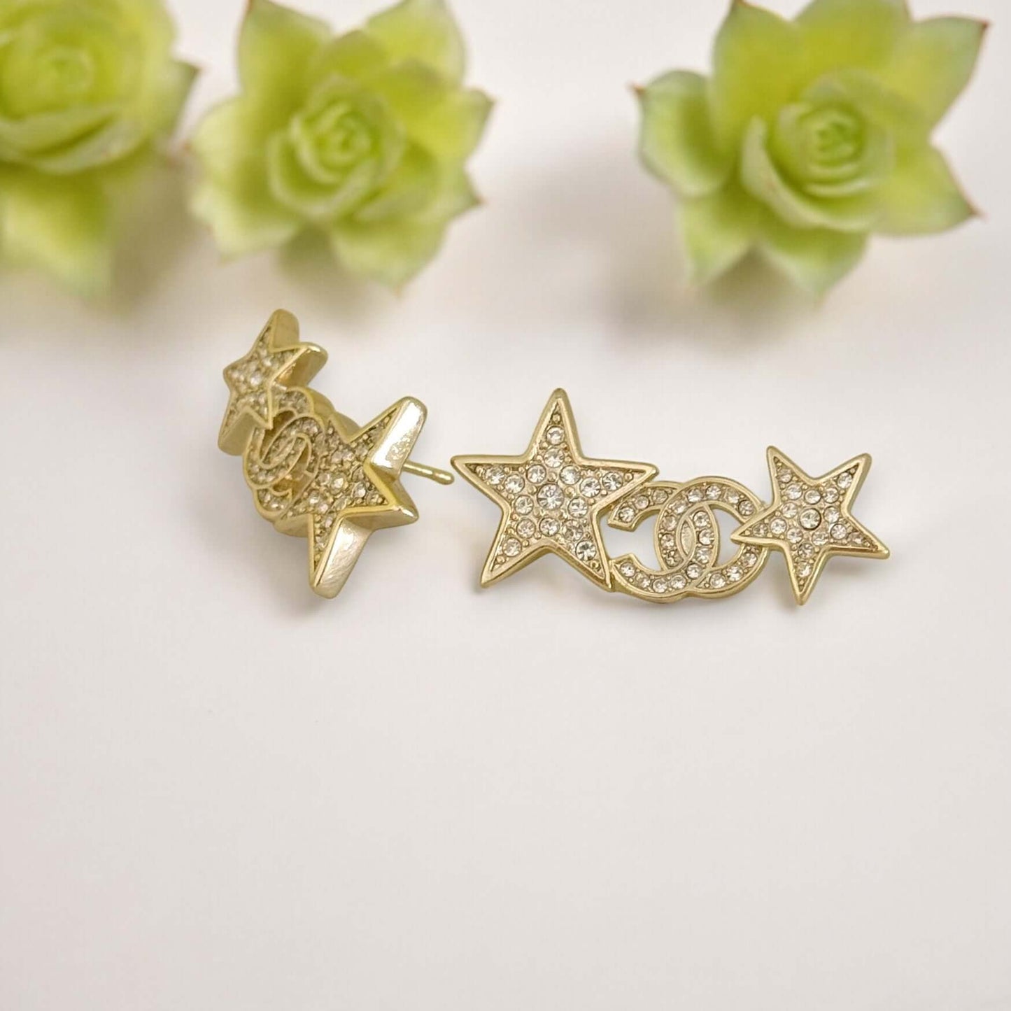 Chanel Stunning Star w/ CC Lighter Gold w/ Crystals Post Earrings Pre-Owned - My Mama Found What   My Mama Found What 