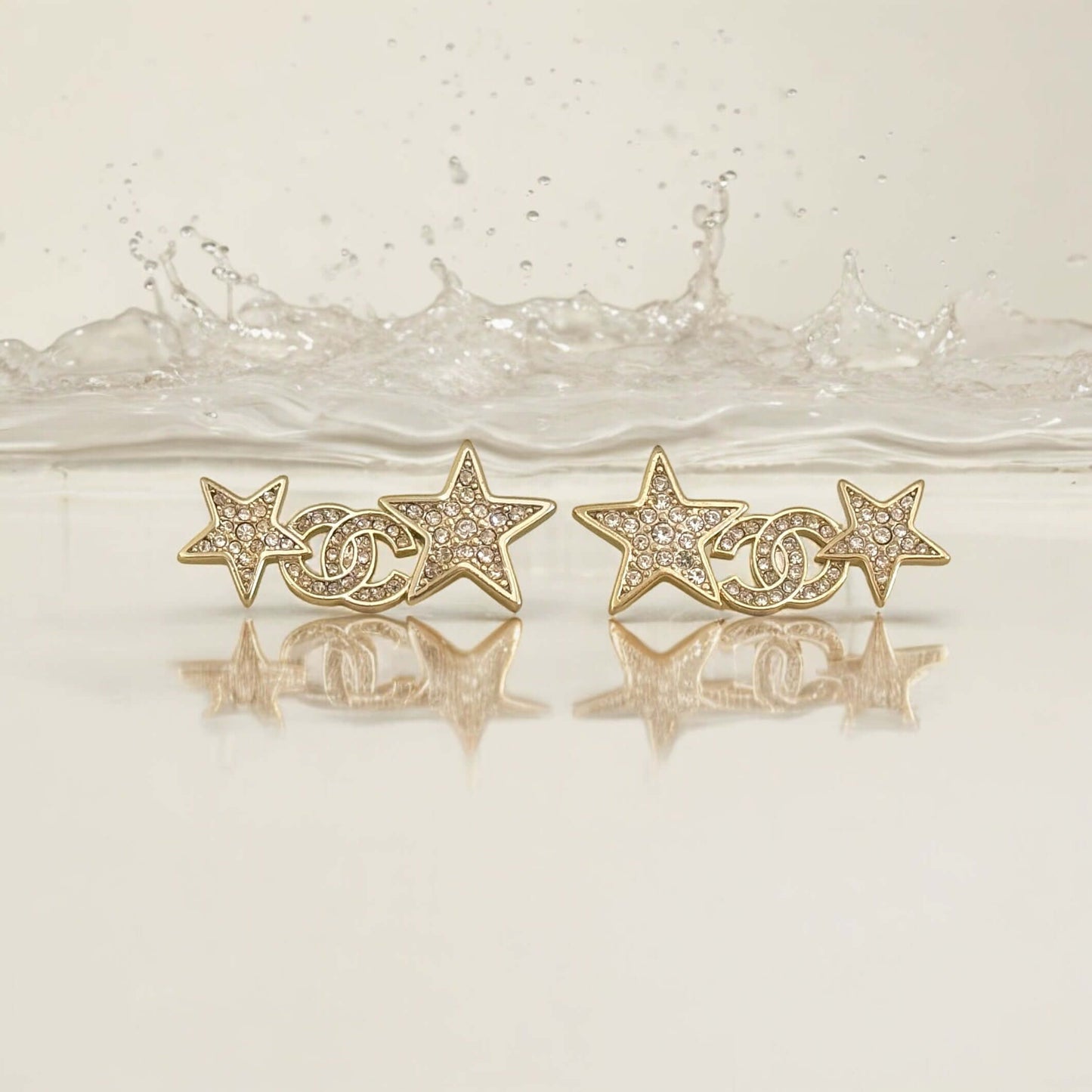 Chanel Stunning Star w/ CC Lighter Gold w/ Crystals Post Earrings Pre-Owned - My Mama Found What   My Mama Found What 