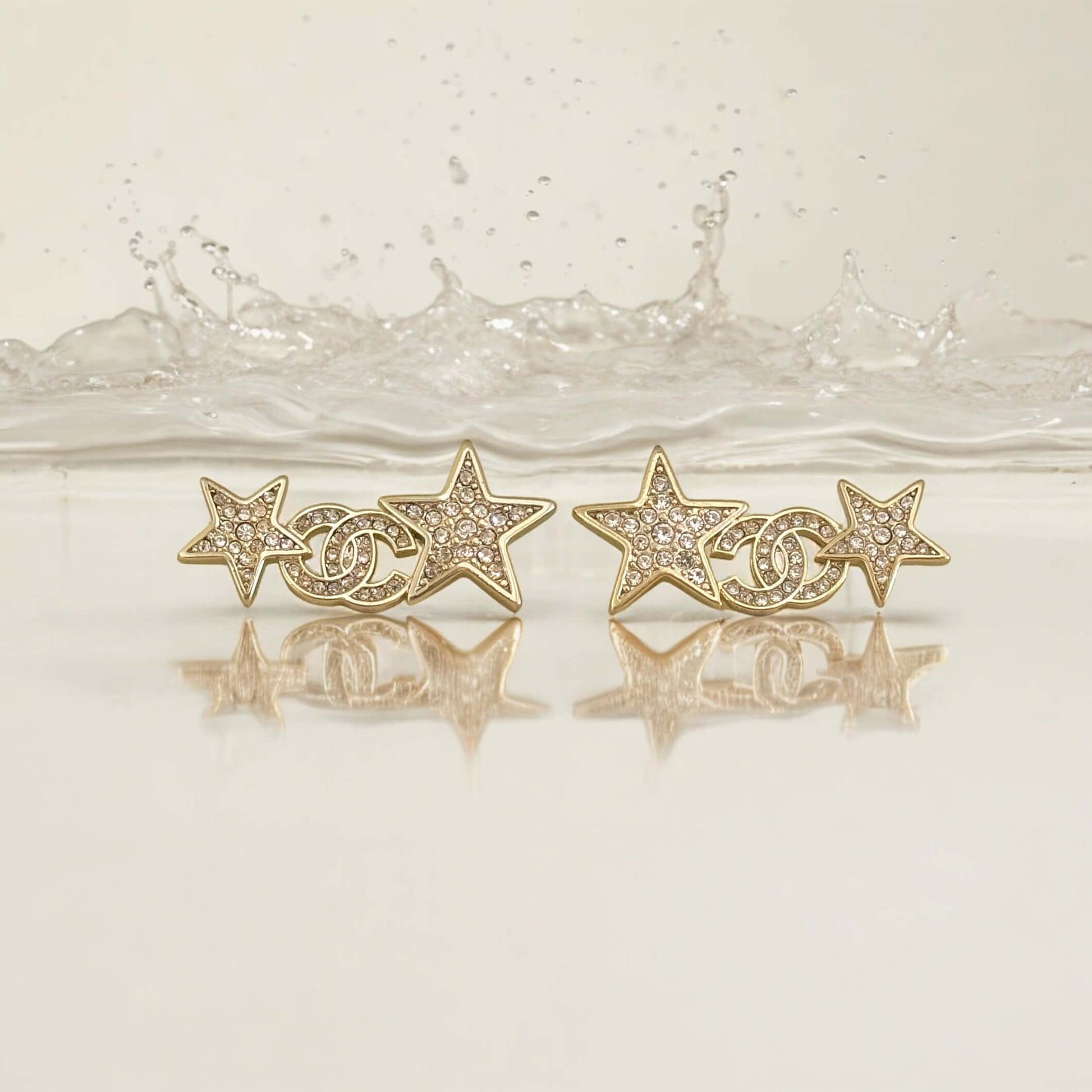 Chanel Stunning Star w/ CC Lighter Gold w/ Crystals Post Earrings Pre-Owned - My Mama Found What  